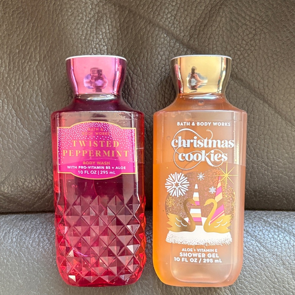 Bath and body shower gels in christmas cookies and twisted peppermint